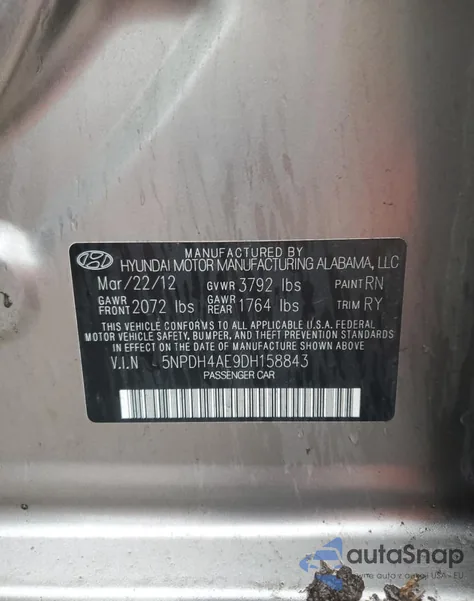 2013 Hyundai Elantra Gls from USA, damaged, VIN 5NPDH4AE9DH158843